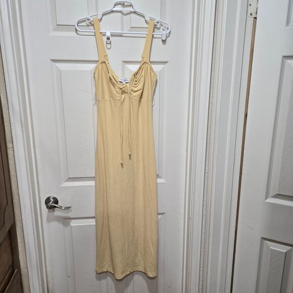 Lost + Wander M Yellow Ribbed Knit Midi Dress Adjustable Tie Front - Picture 9 of 9